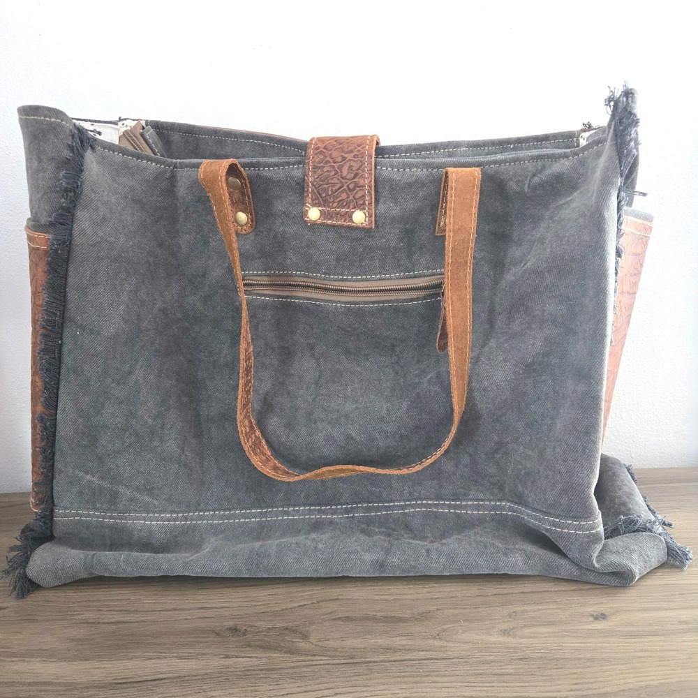 Myra Asher Weekender Bag Upcycled Canvas Hairon Leather Large Bag Boho Tote NWT - Picture 4 of 14